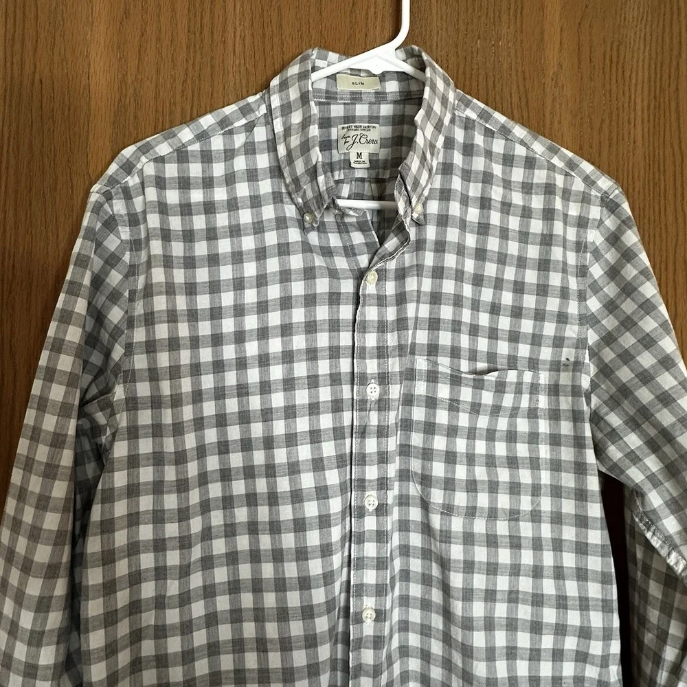 J. Crew Button‎ Down Shirt Men's Sz M Slim 100% Cotton Plaid Gray Long Sleeves